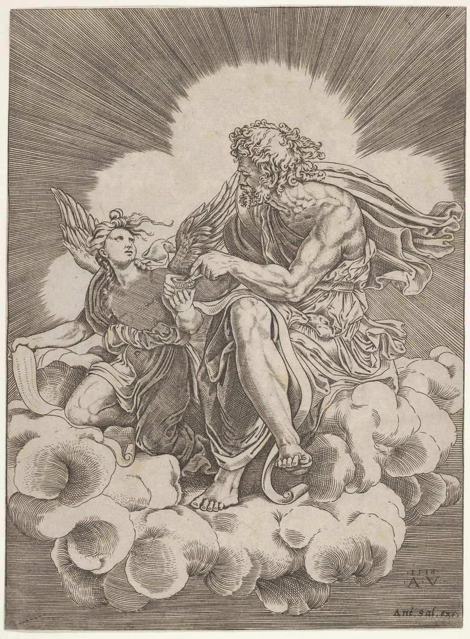 Sv. Matouš, sedící na obláčku a nořící brk do kalamáře drženého andělem..., ca. 1518-20. od Agostino Veneziano