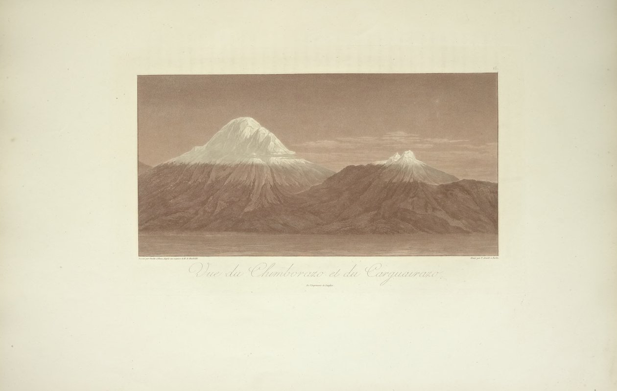 Pohled na Chimborazo a Carguairazo, kreslil Gmelin, ryl Arnold, ilustrace z "Vues des Cordillères et Monumens des Peuples Indigènes de l"Amérique" od Alexandra von Humboldta a Aime Bonpland, 1813 od Baron Friedrich Alexander von Humboldt