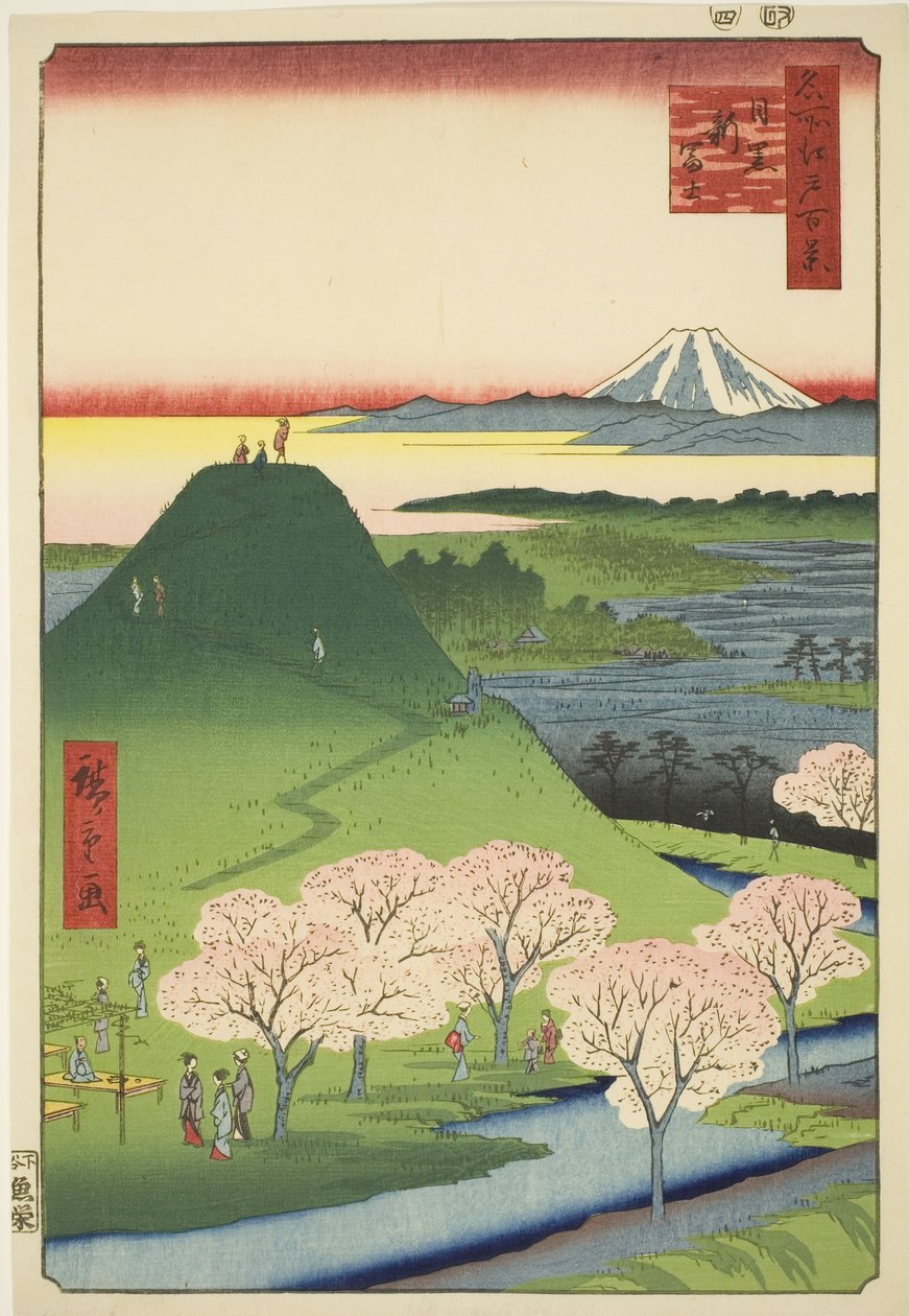 Hey Fuji, Meguro (Meguro, Shin-Fuji), z hřebenů série d re d re d re d e d e d e d e d e d e d e d e d e d e d e d e d e n y Edo (Sto slavných pohledů na Edo) od Utagawa Hiroshige
