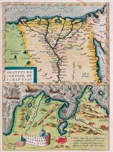Novější popis Egypta. - Typ Kartágského zálivu Geografická mapa Egypta s městy Nilu a Kartága (Tunisko) z „Theatrum Orbis Terrarum“ od Abrahama Orteliuse (Oertel, Ortell nebo Ortel