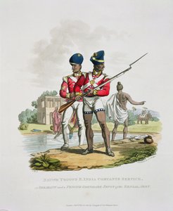 Domorodí vojáci ve službách Východoindické společnosti: seržant a soukromý granátník Sepoy z bengálské armády, vyrytý Joseph Constantine Stadler, 1815 (akvatinta)
