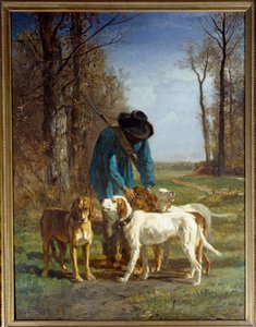 Stráže myslivců se zastaví u jeho psů. Obraz od Constanta Troyona (1810-1865)