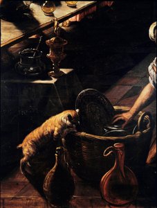 Poslední večeře (La cene) Detail kočky hledající v košíku. Obraz Jacopa Robustiho zvaný Tintoret (Tintoretto) (1518-1594) 1592-1594 Ne. 365x568 cm Benátky, kostel San Giorgio