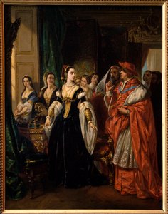 Rozvod Jindřicha VIII.: Kardinál Thomas Wolsey (1475-1530) a Kateřina Aragonská (1485-1536) v roce 1533 – scéna hry „Slavná historie života krále Jindřicha Osmého“ od Williama Shakespeara – obraz Eugene Deveria (1808–1865)