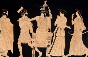 Zrození Athény vycházející z hlavy Jupitera (Zeus), obraz nalezený ve Vulci, ed. 20. století.