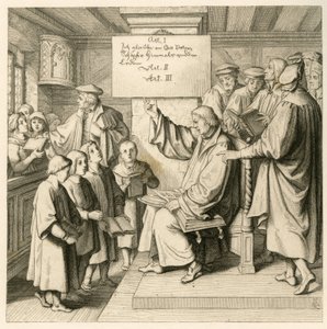 Martin Luther ve škole se spoustou dětí, protože hodiny náboženství jsou pro něj velmi důležité, vpravo někteří učitelé