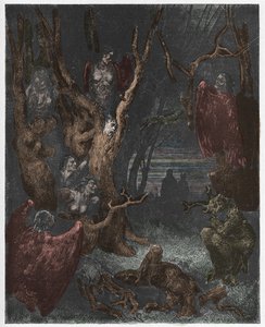 Inferno, Canto 13 : Harpyje v lese sebevrahů, ilustrace z Božské komedie Dante Alighieriho, 1885 (digitálně kolorovaná rytina)