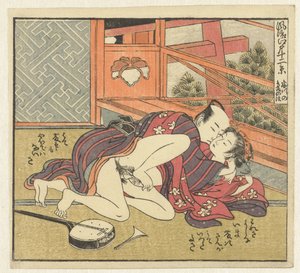 Milostný pár v šamisenu Dvanáct pohledů na Sophisticated Edo (název série) Furyu Edo junikei (název série na objektu)