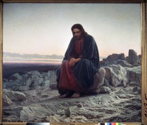 Kristus na poušti (Kristus na poušti). Kristus, sedící na skále, ruce sepjaté v postoji meditativní kontemplace. Obraz Ivan Nikolajevič Kramskoj (1837-1887), olej na plátně