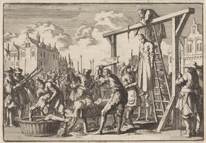 V Londýně je oběšen jezuita William Ireland a John Grove je ubytován za zamýšlenou sebevraždu, 1679 od Jan Luyken