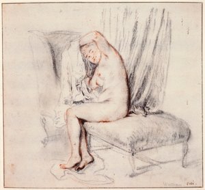 Nahá žena sedící na lenošku, oblékala si košili, 18. století. od Jean Antoine Watteau