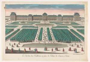 Pohled na Jardin des Tuileries v Paříži směrem k Palais du Louvre Le Jardin des Tuilleries en face du Palais du Louvre à Paris (název na objektu)