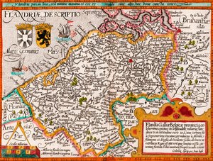 Mapa Flander podle kartografa Matthiase Quada z jeho „Fasciculus Geographicus“, později ruční kolorování (barevné rytí)