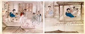 Art coreen: scény v domě gejši. Tisk z roku 1758. Soukromá sbírka.