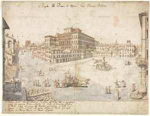 Osmnáct pohledů na Řím: Náměstí Piazza Barberini recto..., 1665.