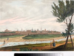 Pohled na opevněné město, pravděpodobně Lucca v Toskánsku (inkoust a akvarel, cca 1820) od Luigi Garibbo