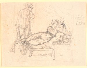 Lesbia a Catullus. Lesbia ležící, na levé ruce drží ptáka. Catullus stojí vzadu