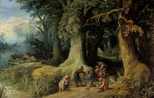 Zbraňový útok v lese Skupina dálničních banditů. Obraz od Paula Brila (Brill) (1554-1626)