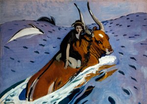 Únos Evropy. Krásná fénická princezna je na hřbetě Dia, proměněna v býka, který ji vezme do moře obklopenou delfíny. Obraz Valentina Alexandroviče Serova (1865-1911), olej na plátně