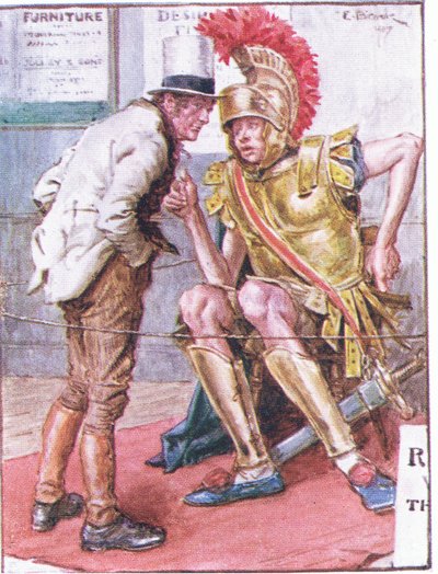 Doktore Marigolde, kdo je ten podivný mladý muž, který visí na vašich vozících?, ilustrace z předpisu Dr. Marigolda, 1910 od Charles Edmund Brock