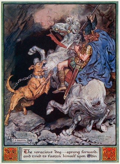 „Nenasytný pes... vyskočil vpřed a pokusil se připoutat k Odinovi“, ilustrace z „Hrdinové z Asgardu, příběhy ze skandinávské mytologie“, od A und E Keary, 1930 od Charles Edmund Brock