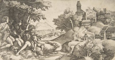 Vlevo čtyři pastýři s hudebními nástroji sedící pod skupinou stromů..., ca. 1517 od Giulio Campagnola