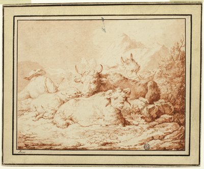 Dobytek a ovce s pastevcem ve skalnaté krajině od Johann Heinrich Roos