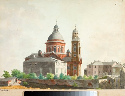 Pohled na baziliku Santa Maria Assunta di Carignano v Janově (akvarel od Luigi Garibbo