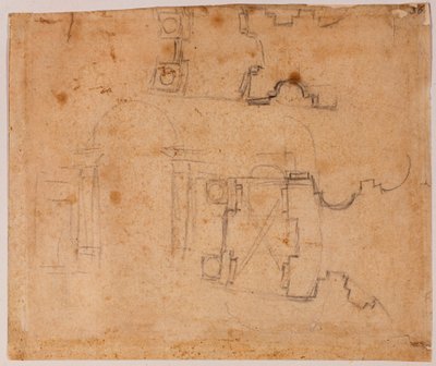 Architektonické detaily výškových a půdorysných plánů kostela San Giovanni dei Fiorentini od Michelangelo Buonarroti