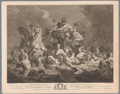 Alegorie britského námořnictva a vítězství nad francouzskou flotilou Triumph of Britannia (název na objektu) od Simon François Ravenet (le vieux)